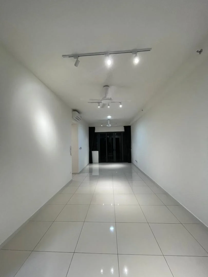 Room features: white painted walls, glossy ceramic tile flooring, recessed LED downlights, 2 ceiling fans, floor-to-ceiling windows, blackout curtains; style: modern.